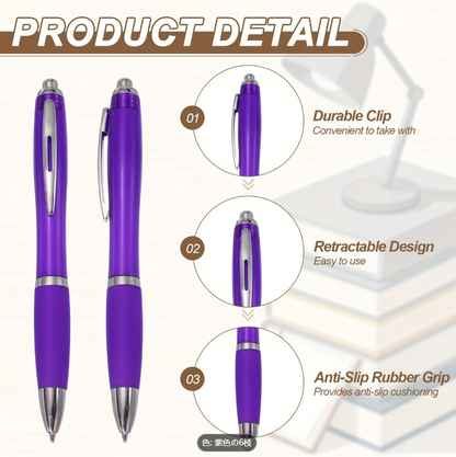 1.0mm 黒インク ボールペン (伸縮式)。ラバーグリップ、プラスチック製。ビジネス、教室での活動、学校でのノートに最適。